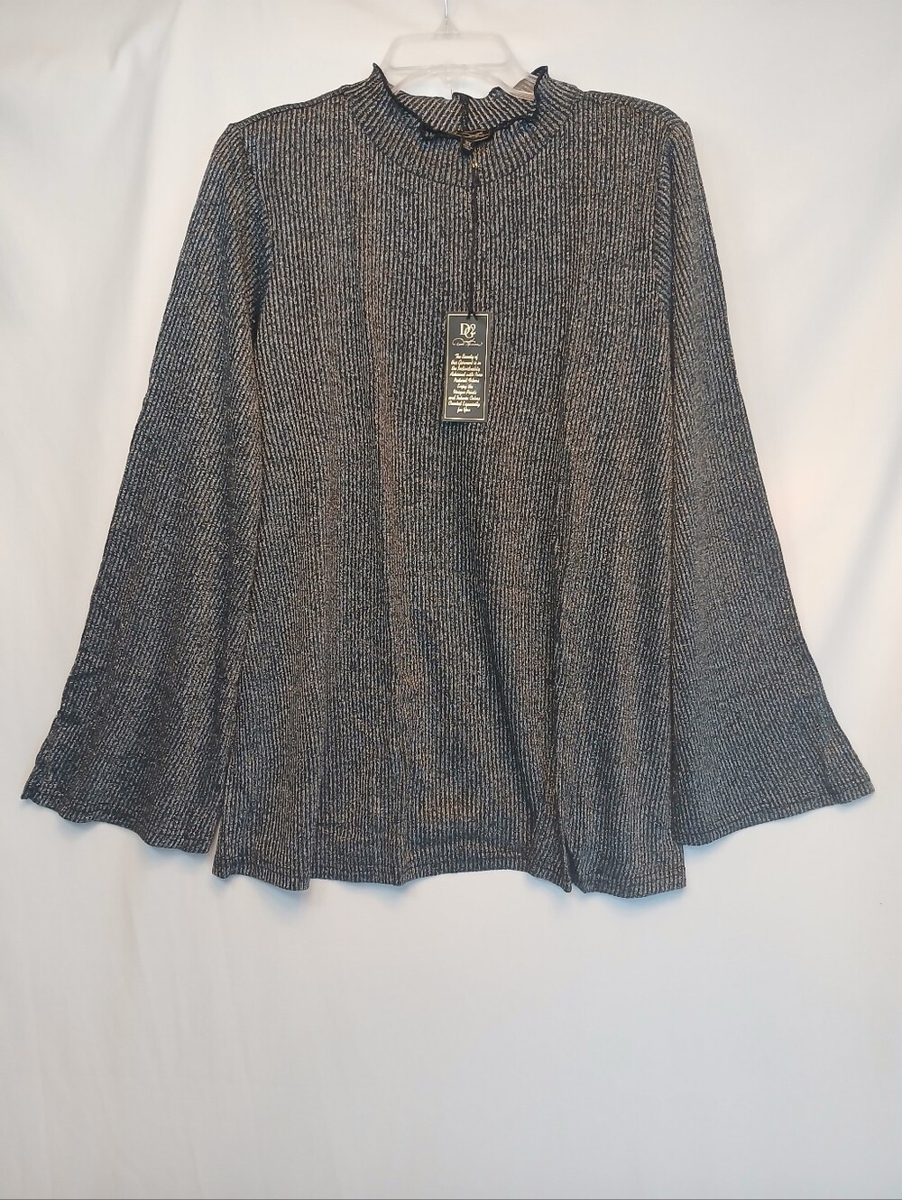 Black & Silver Metallic Shimmer Bell Sleeve Mock Neck Knit Top 3X New!